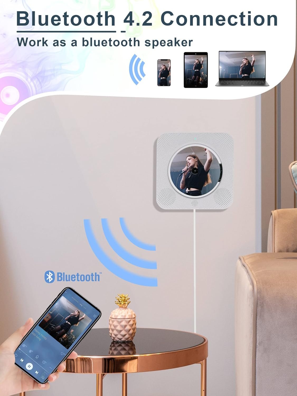 Portable Wall Mounted CD Player with Bluetooth, Homlab Mountable CD Music Player - Image 3